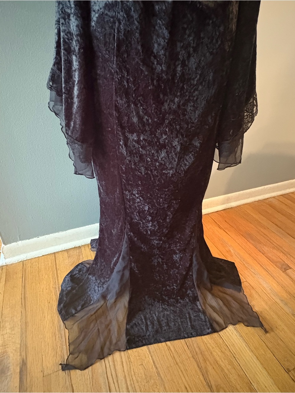 Vintage Y2K 90s Lip Service Black Velvet Lace and Sheer Bell Sleeve Maxi Dress - Picture 3 of 11